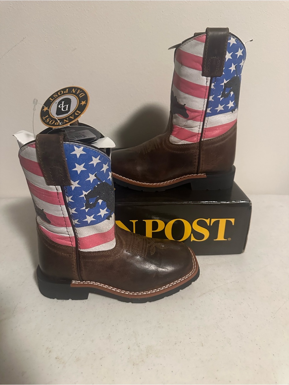 Dan Post Kids 10.5D Brown Leather American Flag Western Cowboy Boots New